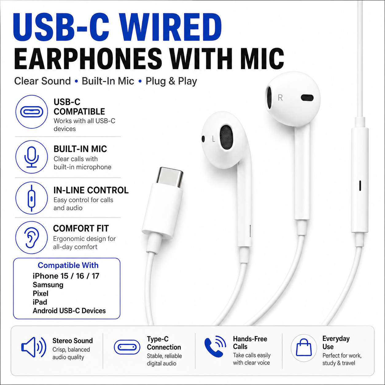 USB-C Wired In-Ear Headphones with Mic – Universal White 1.2M - Image 11