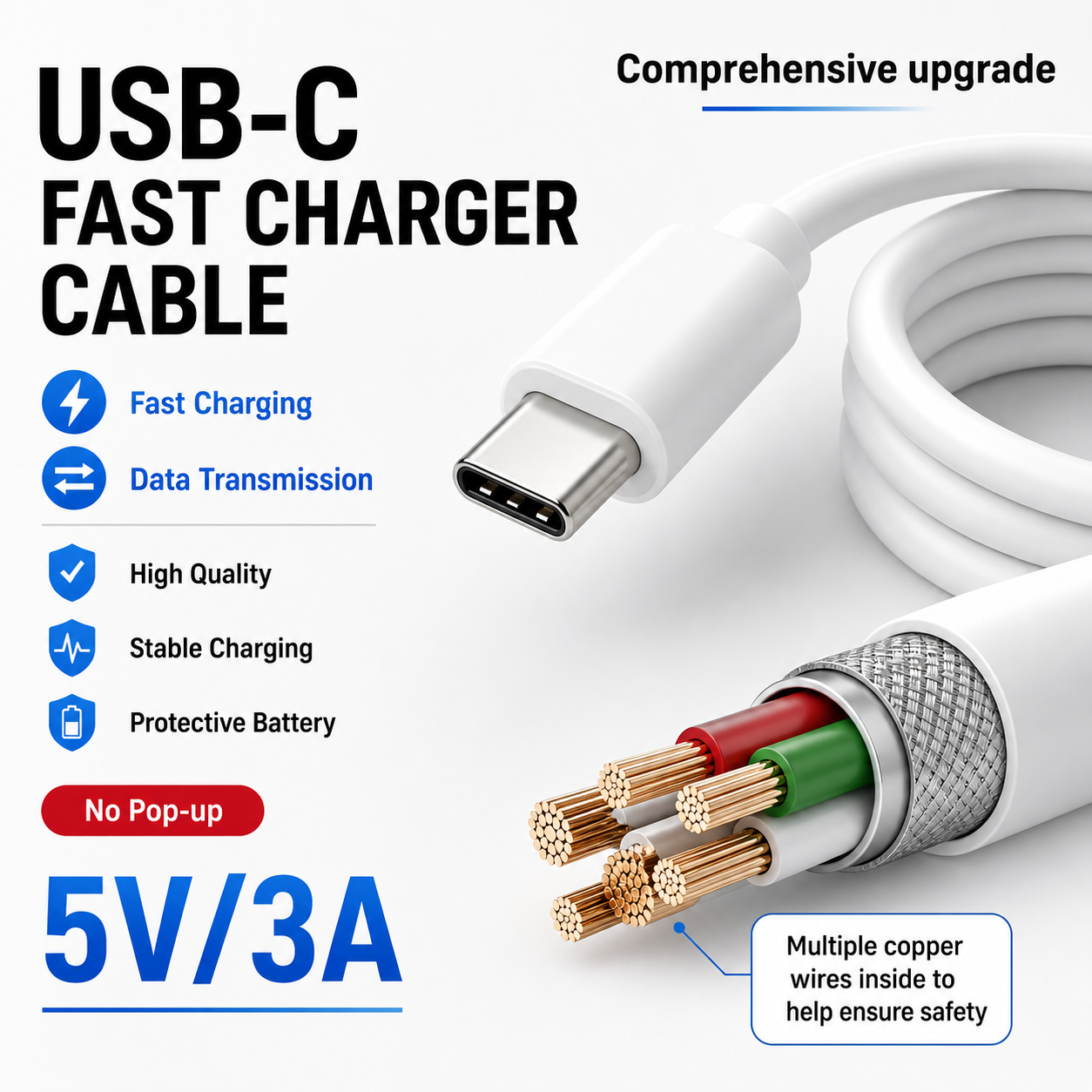 USB-C Fast Charger Cable 5A White 1M - Image 5