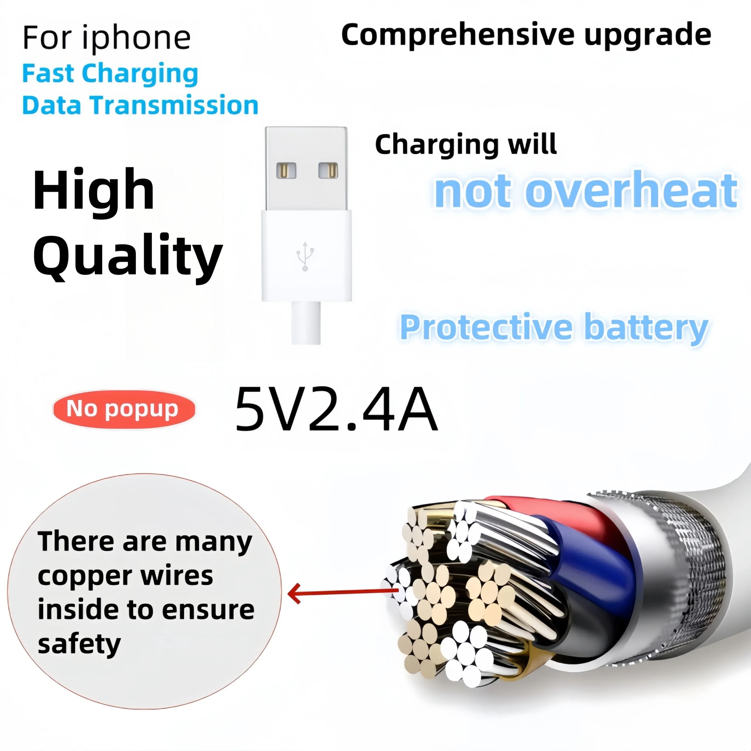 USB-A to Lightning Charger Cable 2A White 1M - Image 5